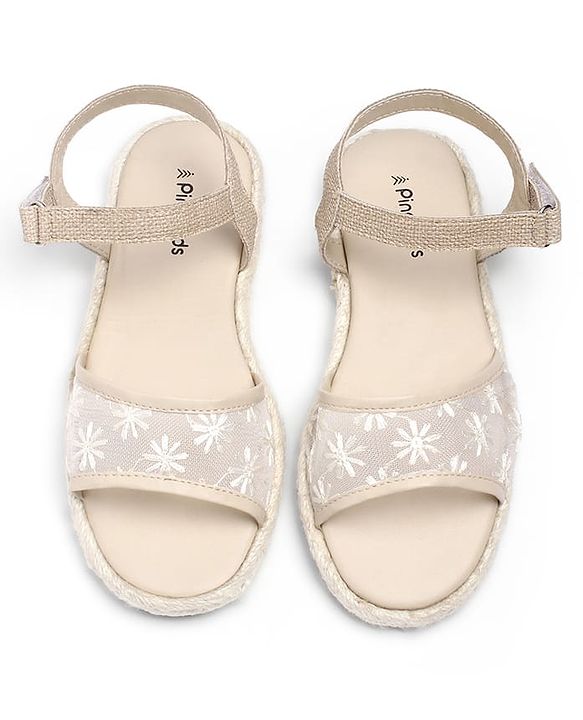Pine Kids Velcro Closure Floral Embroidered Mojaris - Beige