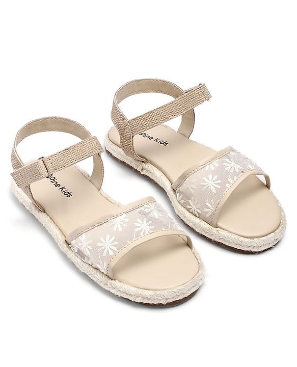 Pine Kids Velcro Closure Floral Embroidered Mojaris - Beige