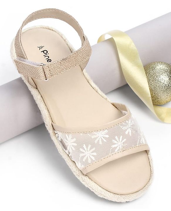 Pine Kids Velcro Closure Floral Embroidered Mojaris - Beige