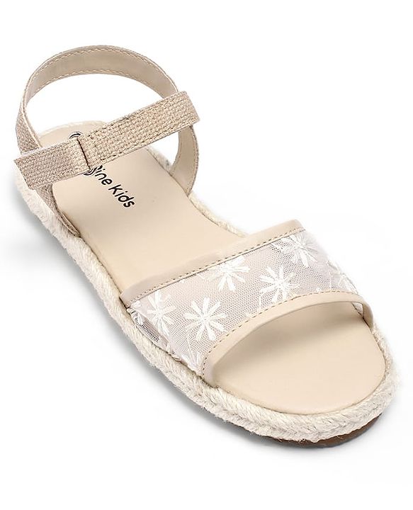 Pine Kids Velcro Closure Floral Embroidered Mojaris - Beige