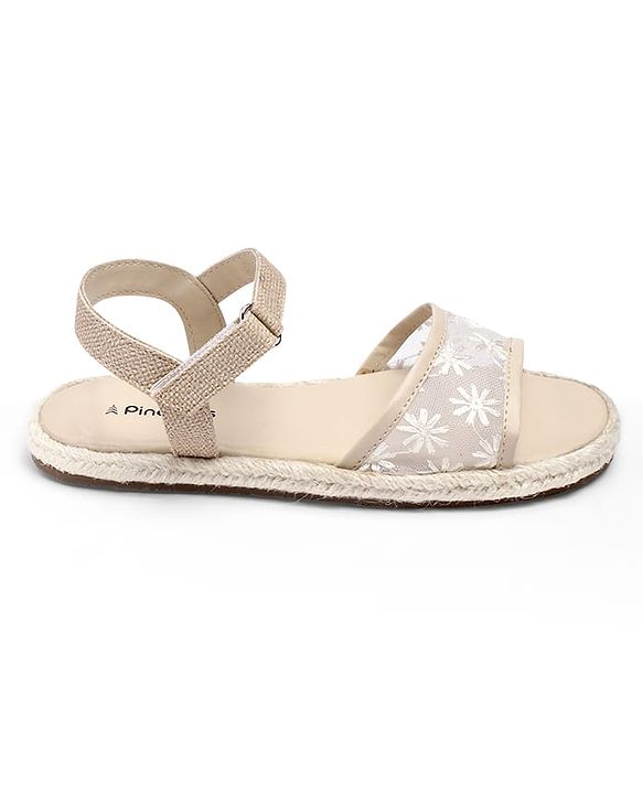 Pine Kids Velcro Closure Floral Embroidered Mojaris - Beige