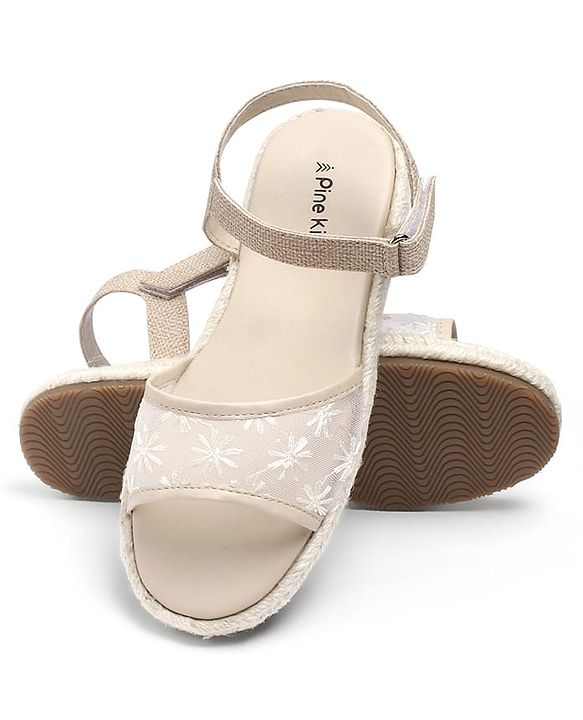 Pine Kids Velcro Closure Floral Embroidered Mojaris - Beige