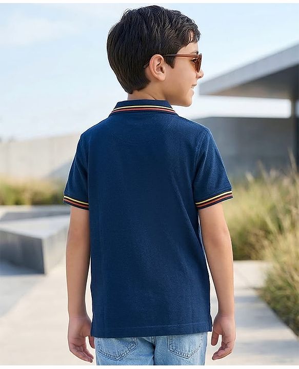 Pine Kids Cotton Knit Half Sleeves Striped Polo T-Shirt - Navy Blue