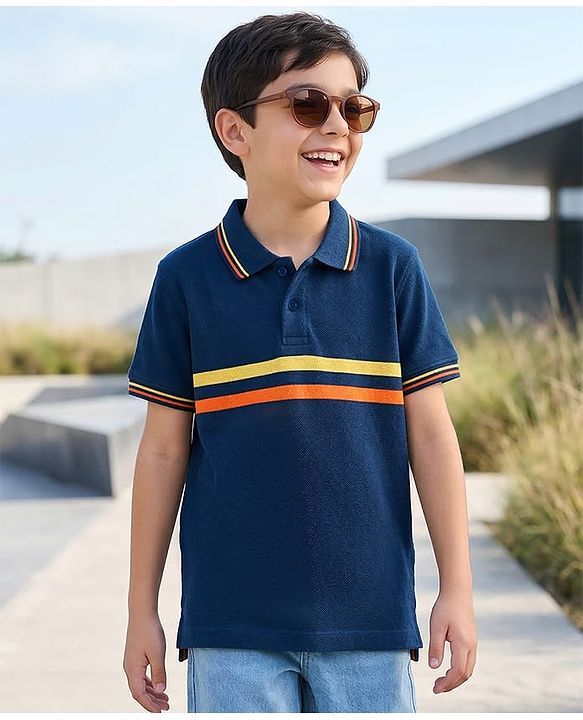 Pine Kids Cotton Knit Half Sleeves Striped Polo T-Shirt - Navy Blue