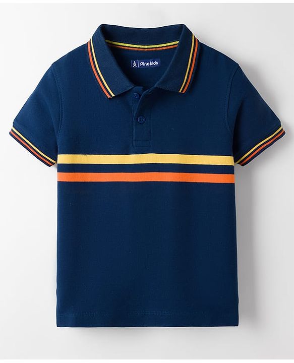 Pine Kids Cotton Knit Half Sleeves Striped Polo T-Shirt - Navy Blue