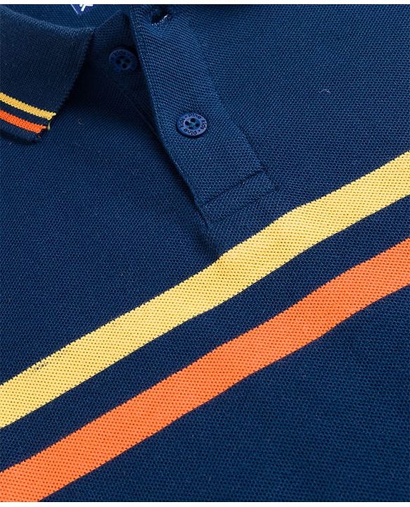 Pine Kids Cotton Knit Half Sleeves Striped Polo T-Shirt - Navy Blue