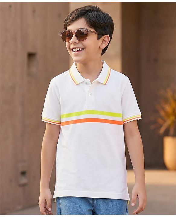 Pine Kids Cotton Knit Half Sleeves Striped Polo T-Shirt - Navy Blue