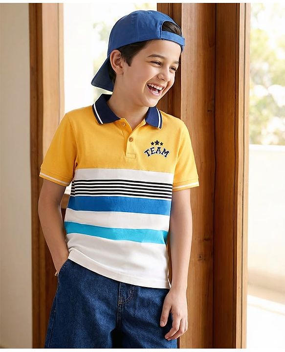 Pine Kids Cotton Knit Half Sleeves Polo T- Shirt With Cut & Sew Design & Embroidery - Yellow & White
