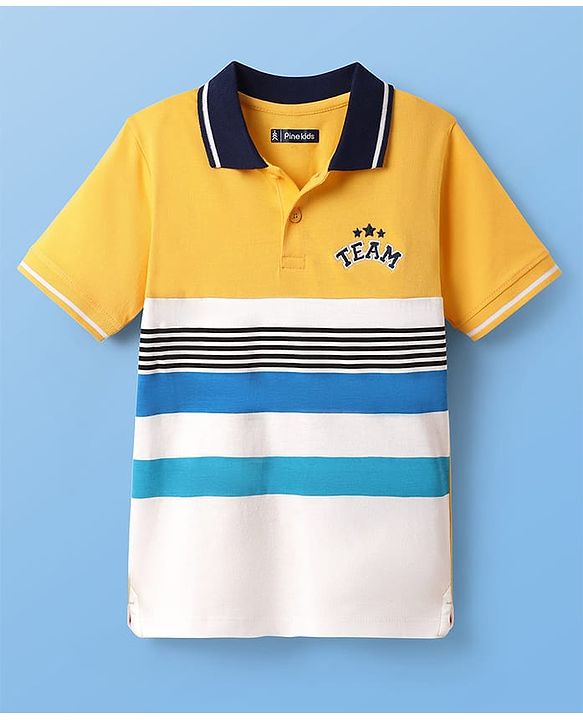 Pine Kids Cotton Knit Half Sleeves Polo T- Shirt With Cut & Sew Design & Embroidery - Yellow & White