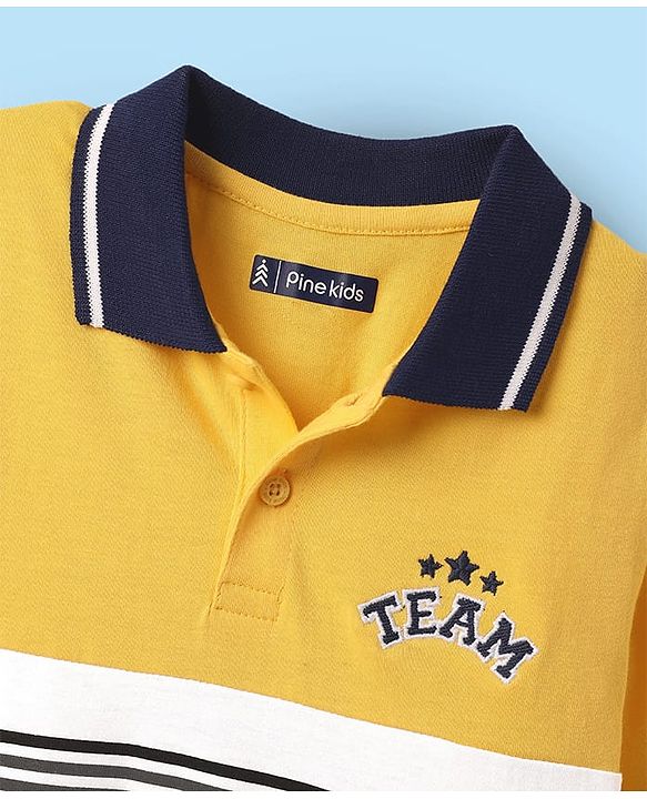 Pine Kids Cotton Knit Half Sleeves Polo T- Shirt With Cut & Sew Design & Embroidery - Yellow & White