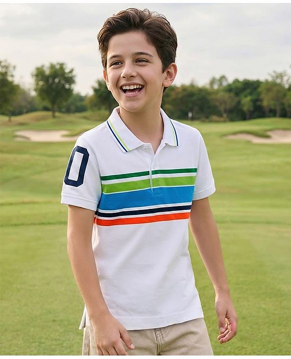 Pine Kids Cotton Knit Half Sleeves Striped Polo T-Shirt with Numerical Print - White