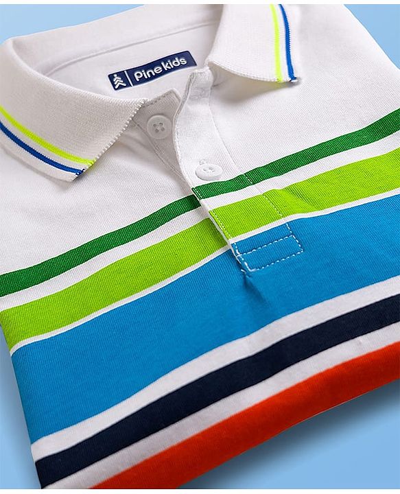 Pine Kids Cotton Knit Half Sleeves Striped Polo T-Shirt with Numerical Print - White
