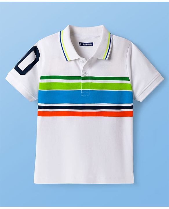 Pine Kids Cotton Knit Half Sleeves Striped Polo T-Shirt with Numerical Print - White