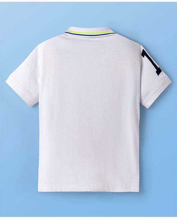 Pine Kids Cotton Knit Half Sleeves Striped Polo T-Shirt with Numerical Print - White