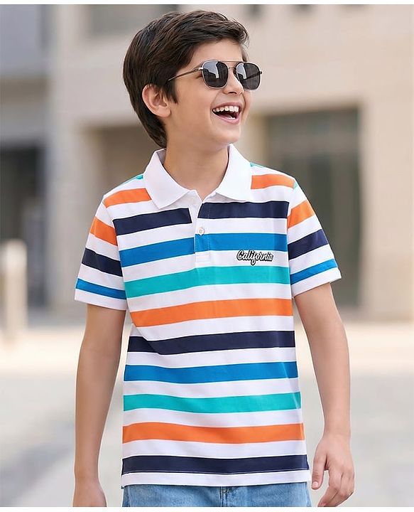 Pine Kids Cotton Knit Half Sleeves Striped Polo T-Shirt - Multicolor