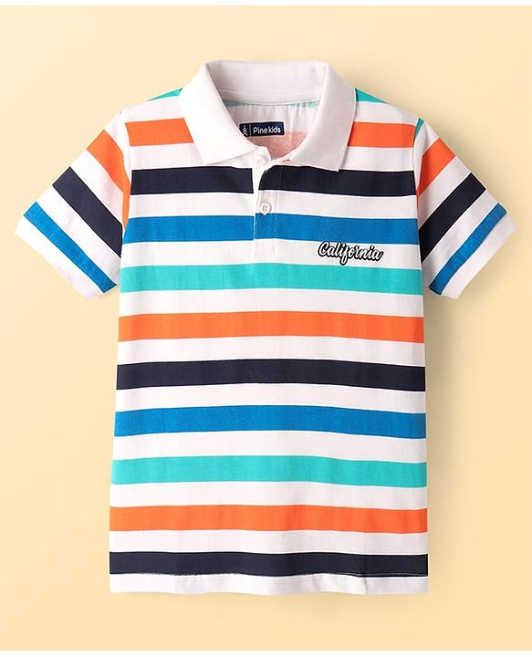 Pine Kids Cotton Knit Half Sleeves Striped Polo T-Shirt - Multicolor