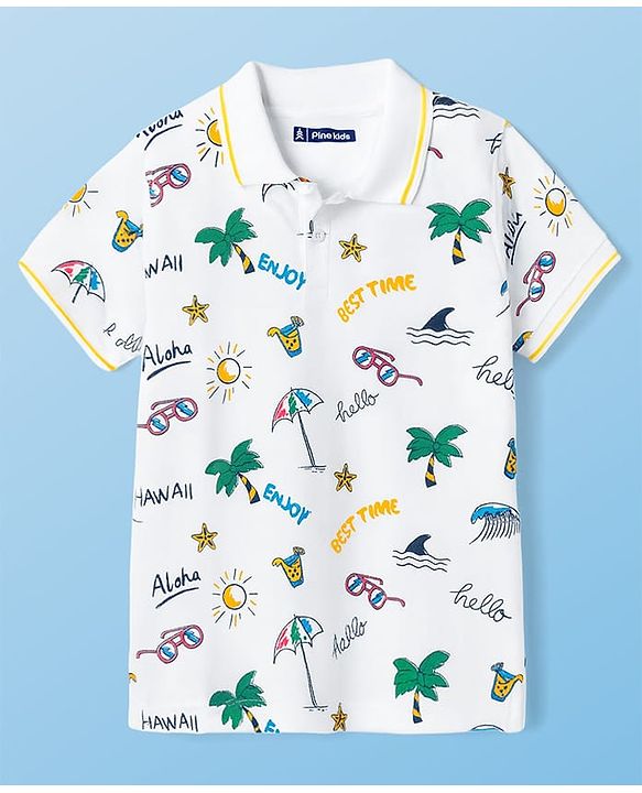 Pine Kids Cotton Knit Half Sleeves Beach Theme Printed Polo T-Shirt - White