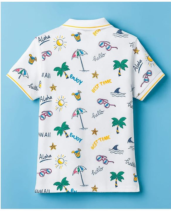 Pine Kids Cotton Knit Half Sleeves Beach Theme Printed Polo T-Shirt - White