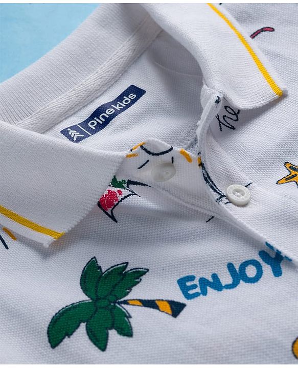 Pine Kids Cotton Knit Half Sleeves Beach Theme Printed Polo T-Shirt - White