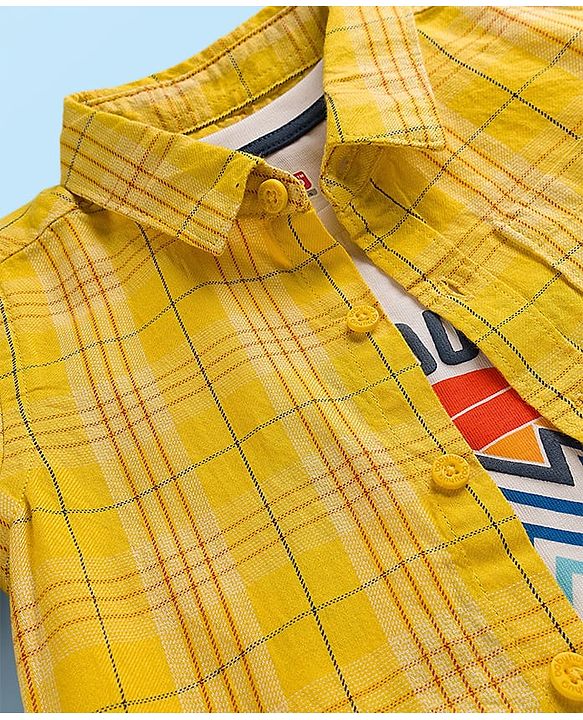 Babyhug Cotton Woven Full Sleeves Checkered Shirt & Denim Jeans with T-Shirt - Yellow