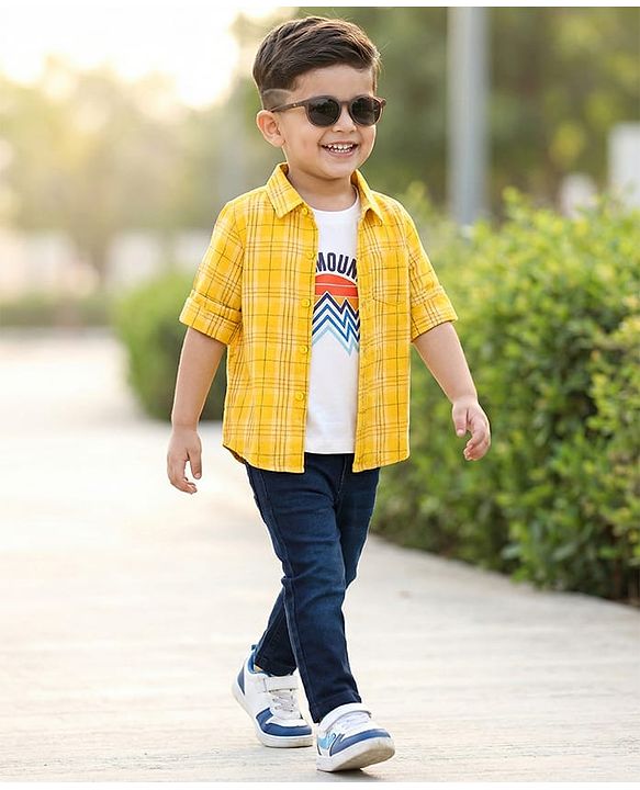 Babyhug Cotton Woven Full Sleeves Checkered Shirt & Denim Jeans with T-Shirt - Yellow