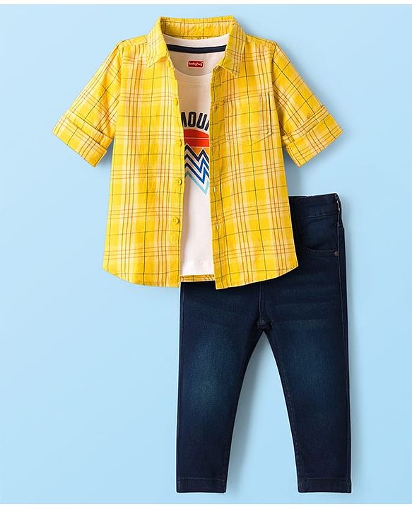 Babyhug Cotton Woven Full Sleeves Checkered Shirt & Denim Jeans with T-Shirt - Yellow