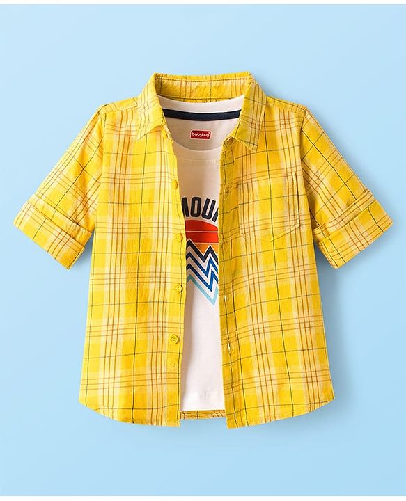 Babyhug Cotton Woven Full Sleeves Checkered Shirt & Denim Jeans with T-Shirt - Yellow