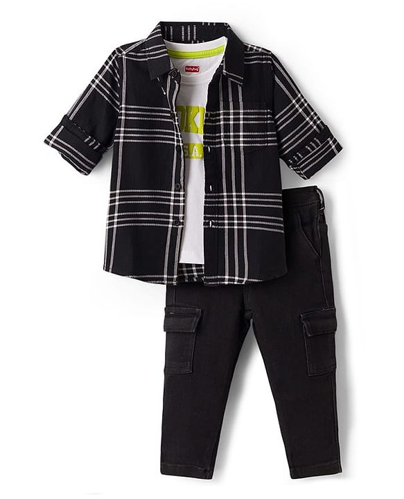 Babyhug Cotton Woven Full Sleeves Checkered Shirt & Denim Jeans with T-Shirt - Black