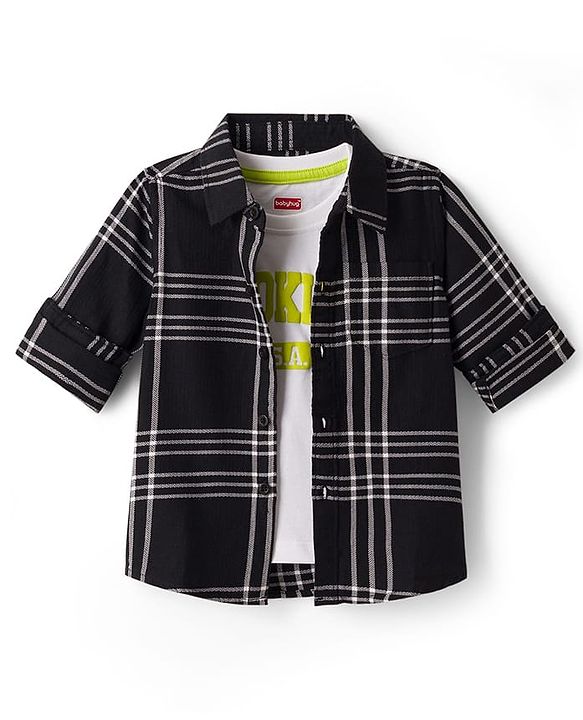 Babyhug Cotton Woven Full Sleeves Checkered Shirt & Denim Jeans with T-Shirt - Black