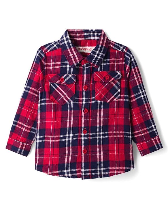 Babyhug Cotton Woven Full Sleeves Checkered Shirt & Denim Jeans - Red & Blue