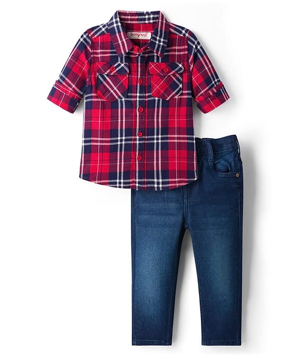 Babyhug Cotton Woven Full Sleeves Checkered Shirt & Denim Jeans - Red & Blue
