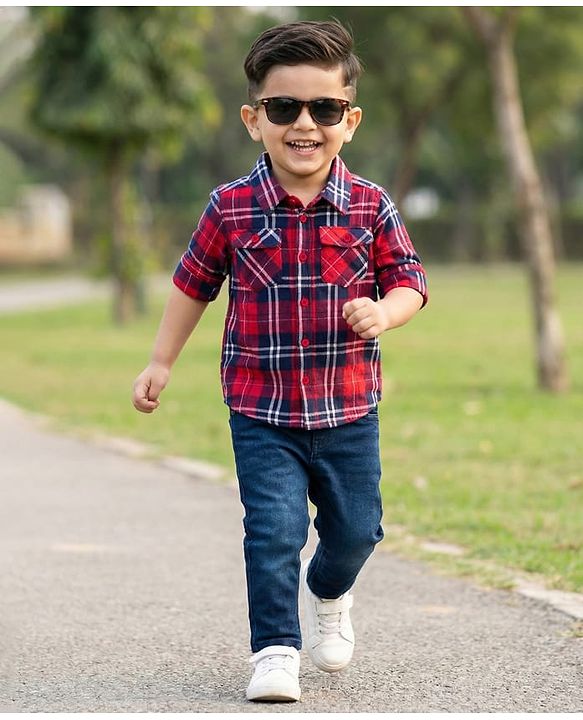 Babyhug Cotton Woven Full Sleeves Checkered Shirt & Denim Jeans - Red & Blue