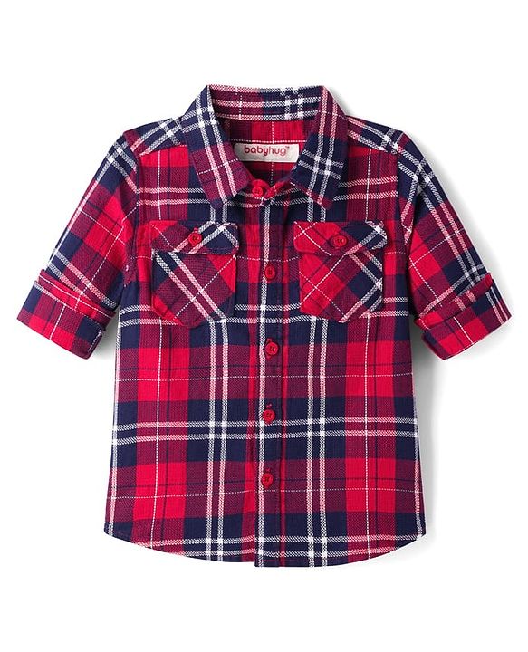 Babyhug Cotton Woven Full Sleeves Checkered Shirt & Denim Jeans - Red & Blue