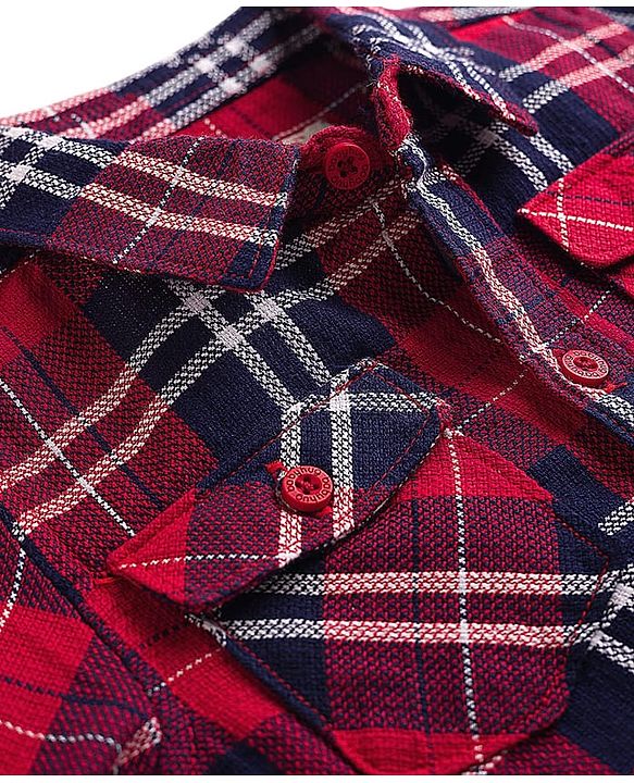 Babyhug Cotton Woven Full Sleeves Checkered Shirt & Denim Jeans - Red & Blue