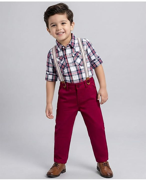Babyhug Cotton Woven Full Sleeves Checkered Shirt & Trouser Set with Suspender - Maroon