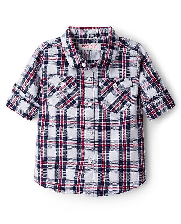 Babyhug Cotton Woven Full Sleeves Checkered Shirt & Trouser Set with Suspender - Maroon