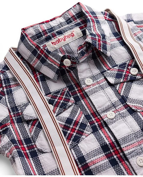 Babyhug Cotton Woven Full Sleeves Checkered Shirt & Trouser Set with Suspender - Maroon