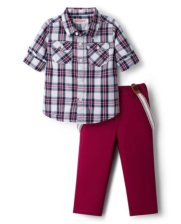 Babyhug Cotton Woven Full Sleeves Checkered Shirt & Trouser Set with Suspender - Maroon