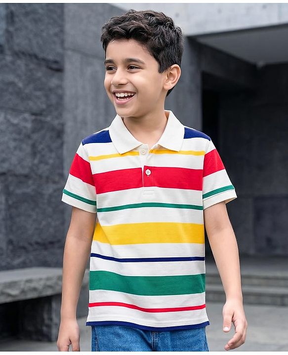 Pine Kids Cotton Knit Half Sleeves T-Shirt With Stripes - Multicolour
