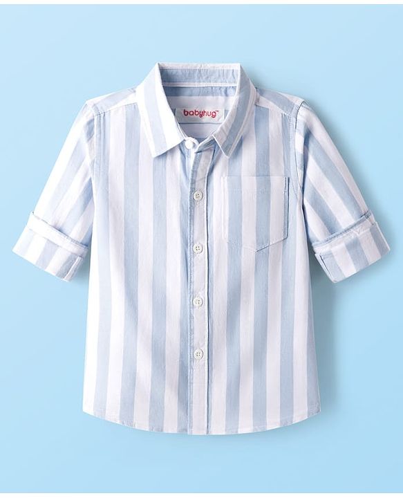 Babyhug Cotton Woven Full Sleeves Striped Shirt & Trouser Set - Light & Navy Blue