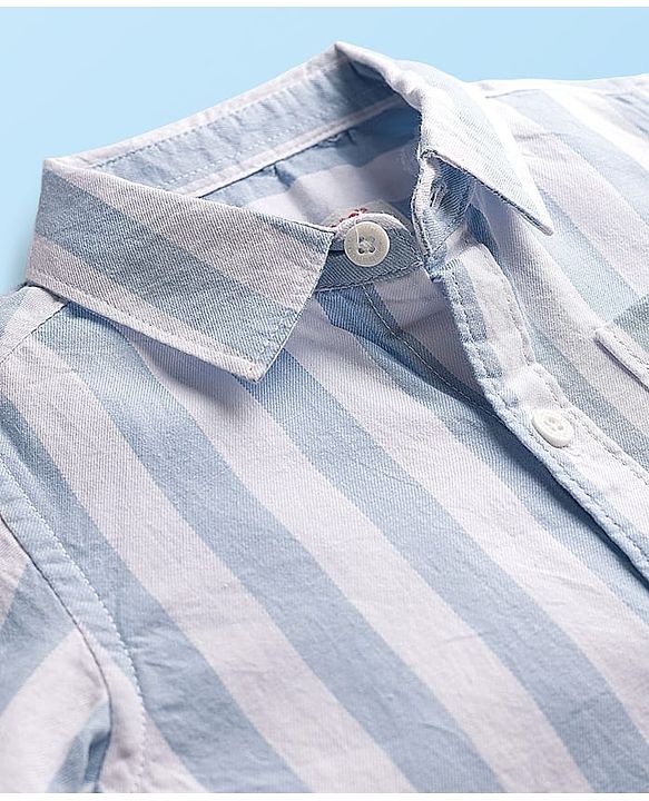 Babyhug Cotton Woven Full Sleeves Striped Shirt & Trouser Set - Light & Navy Blue