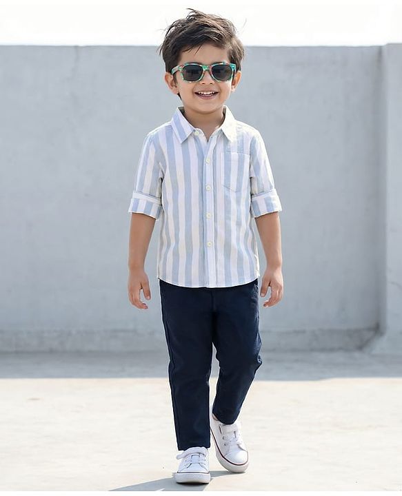 Babyhug Cotton Woven Full Sleeves Striped Shirt & Trouser Set - Light & Navy Blue