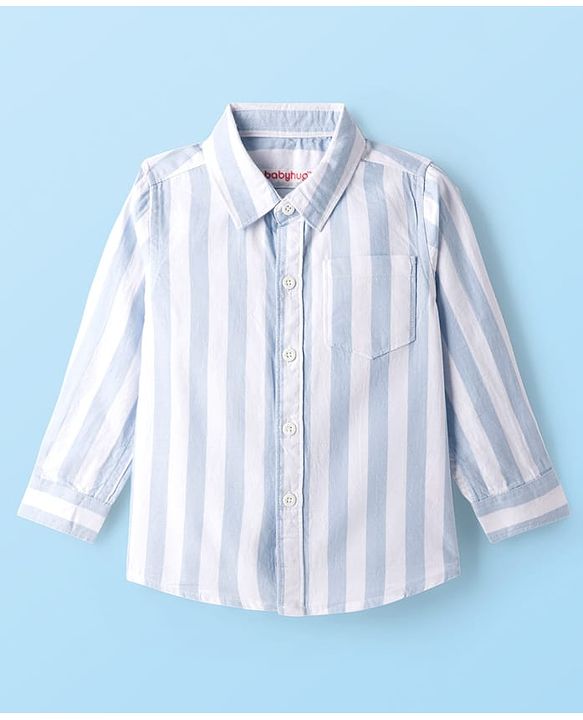 Babyhug Cotton Woven Full Sleeves Striped Shirt & Trouser Set - Light & Navy Blue