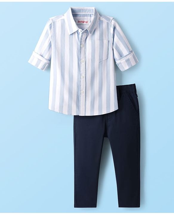 Babyhug Cotton Woven Full Sleeves Striped Shirt & Trouser Set - Light & Navy Blue