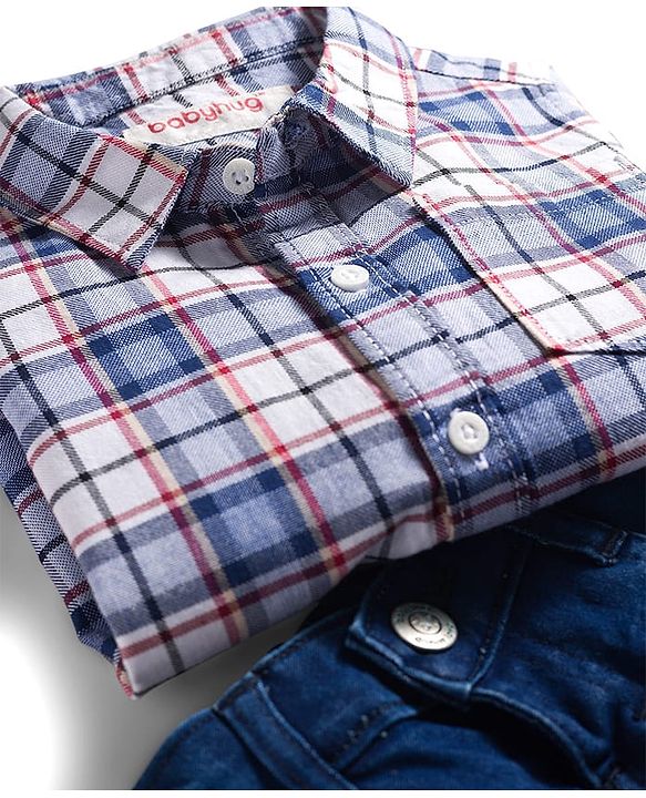 Babyhug Cotton Woven Full Sleeves Checkered Shirt & Denim Jeans Set - Blue