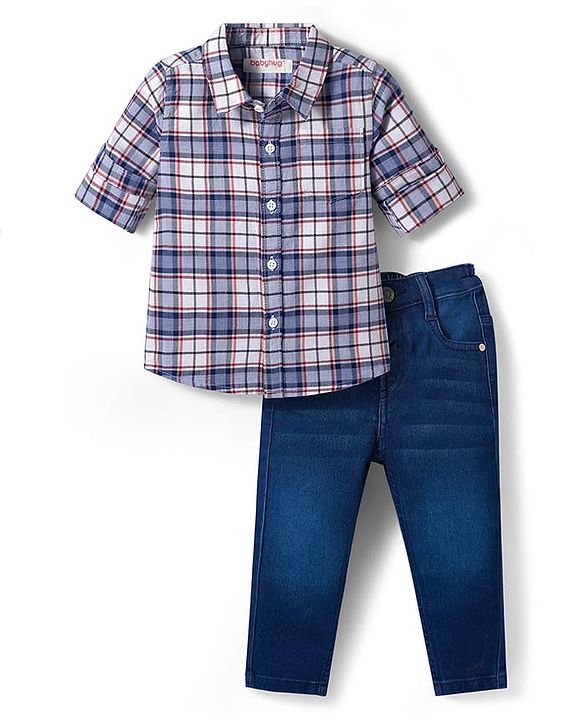 Babyhug Cotton Woven Full Sleeves Checkered Shirt & Denim Jeans Set - Blue
