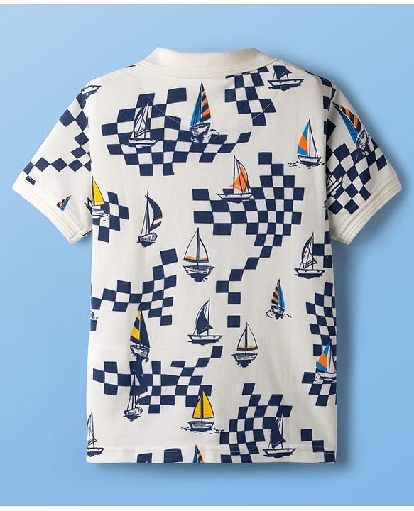 Pine Kids Cotton Knit Half Sleeves Polo T-Shirt With Boat Print - White