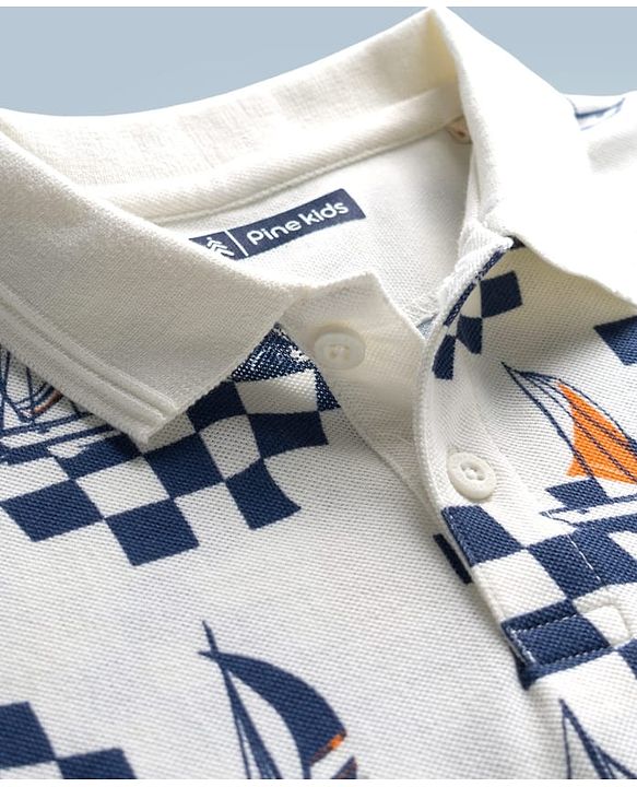 Pine Kids Cotton Knit Half Sleeves Polo T-Shirt With Boat Print - White