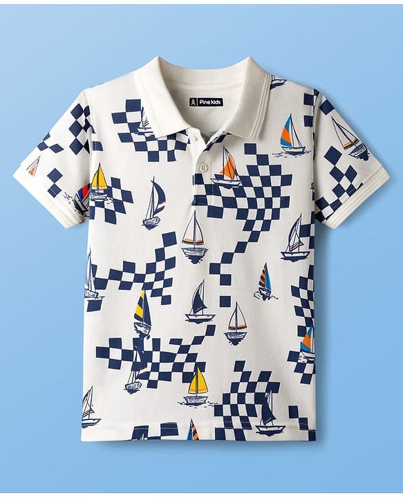 Pine Kids Cotton Knit Half Sleeves Polo T-Shirt With Boat Print - White