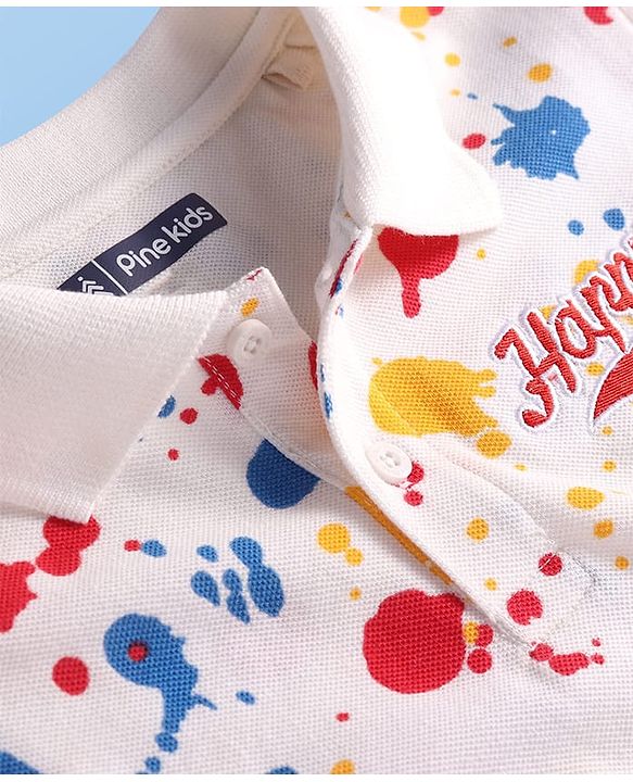 Pine Kids Cotton Knit Half Sleeves Polo T-Shirt With Holi Print - White
